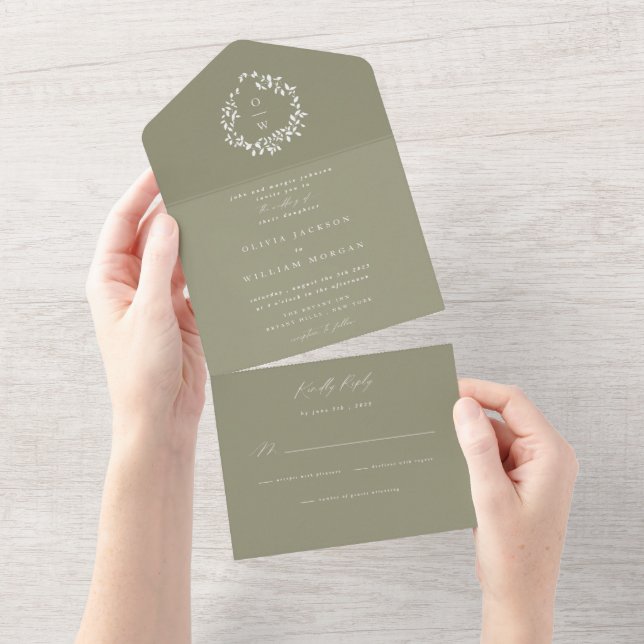 Sage Green Foliage Crest All in One Wedding Invite (Tearaway)