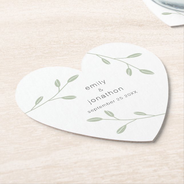 Sage Green Foliage Dusty Names Date Wedding Heart  Paper Coaster (Angled)