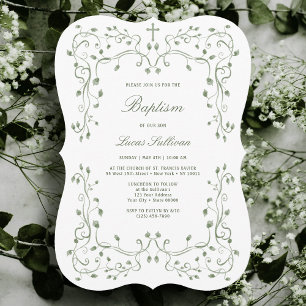 Sage Green Foliage Frame Baptism Invitation