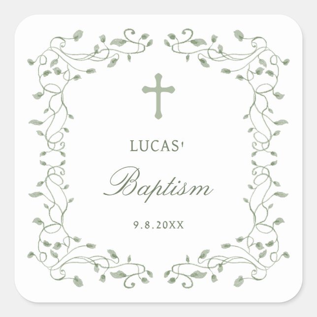 Sage Green Foliage Frame Baptism Square Sticker (Front)
