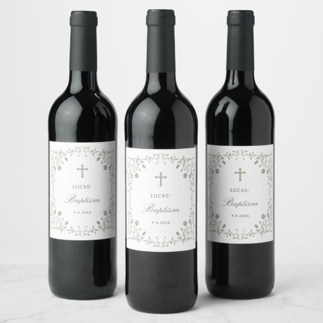 Sage Green Foliage Frame Baptism Wine Label (Bottles)