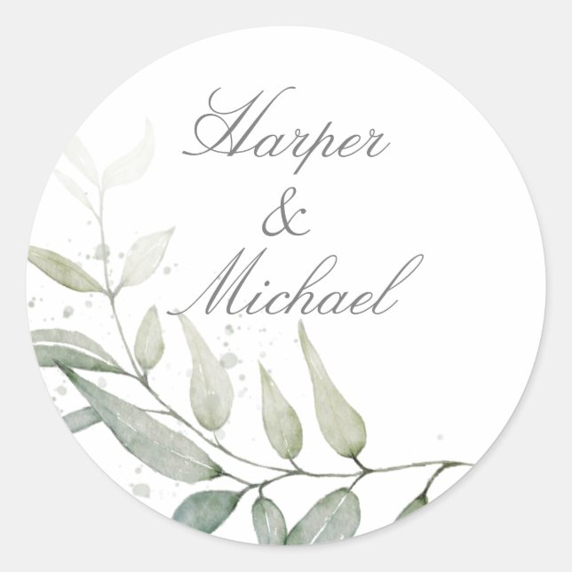 Sage green foliage wedding classic round sticker (Front)