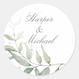 Sage green foliage wedding classic round sticker