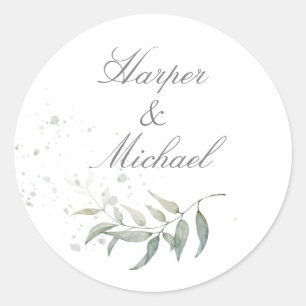Sage green foliage wedding classic round sticker