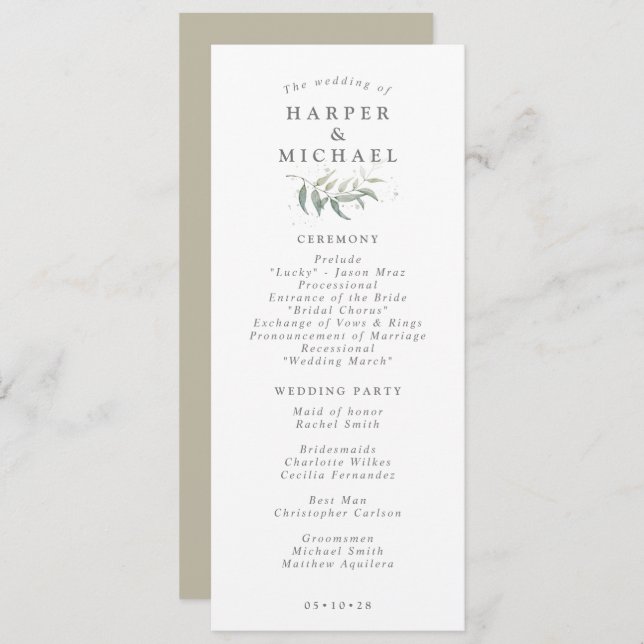Sage green foliage wedding program programme (Front/Back)