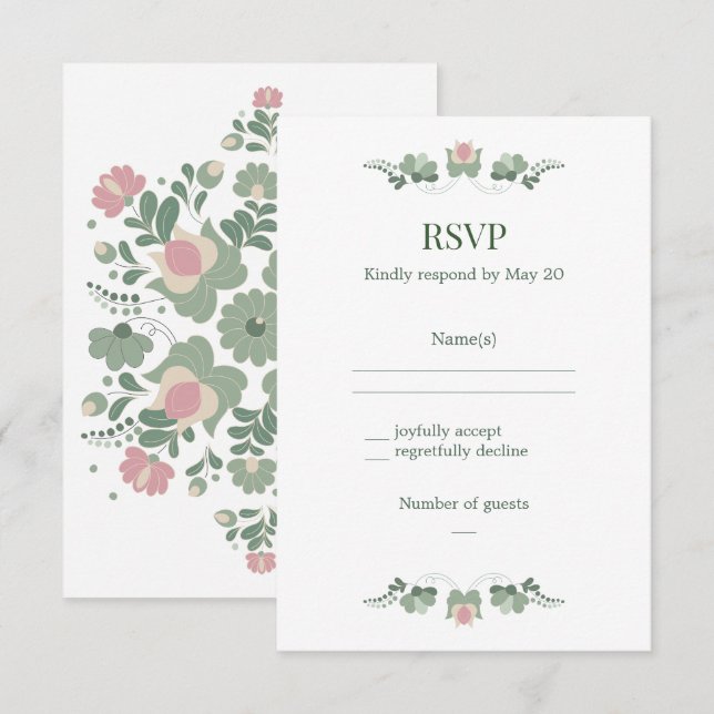 Sage Green Folk Floral Wedding RSVP Card (Front/Back)