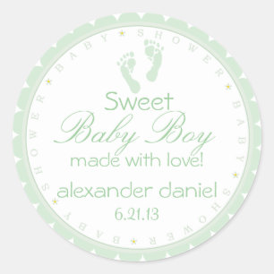 Sage Green Footprints Baby Boy Shower Classic Round Sticker