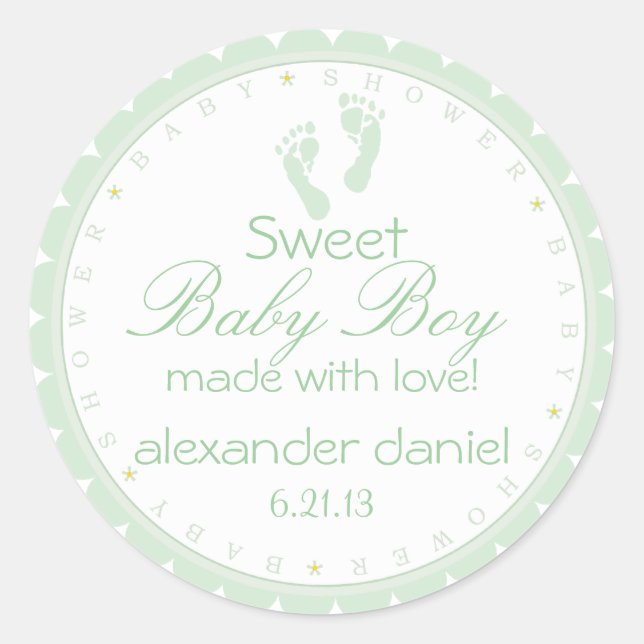 Sage Green Footprints Baby Boy Shower Classic Round Sticker (Front)