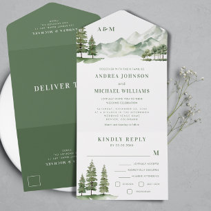 Sage Green Forest Mountain Rustic Nature Wedding All In One Invitation