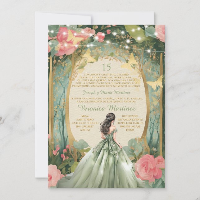 Sage Green Forest Princess Floral Spanish 15 Años Invitation (Front)