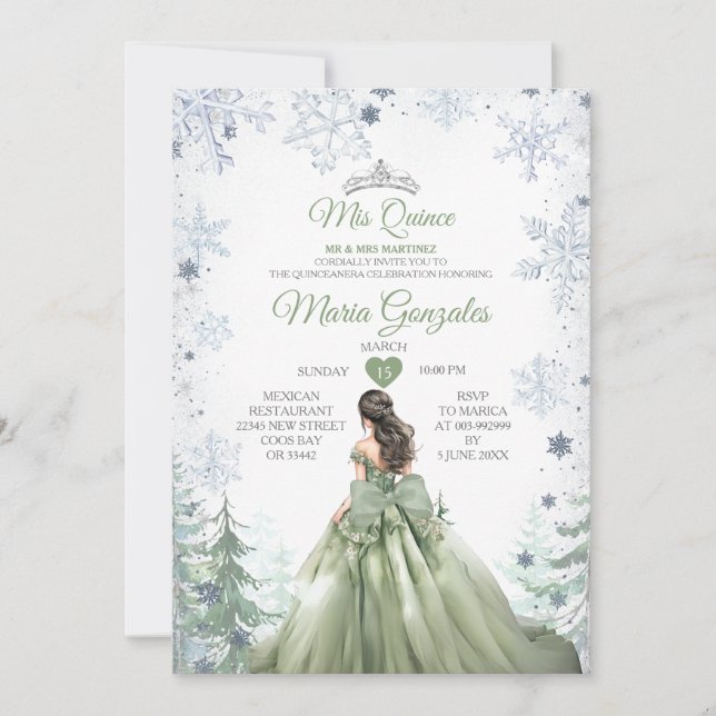 Sage Green Forest Winter Princess Mis Quince Invitation (Front)
