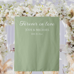 Sage Green Forever in Love Wedding Backdrop Tapestry