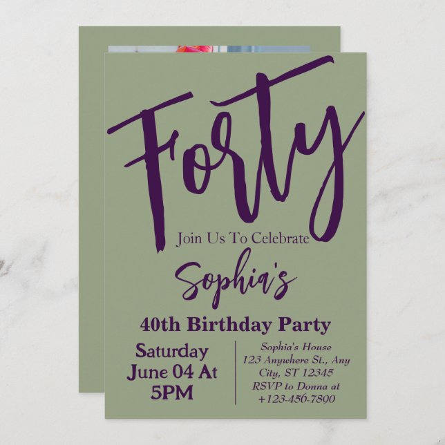 Sage Green Forty Modern 40th Birthday Party Photo  Invitation (Front/Back)