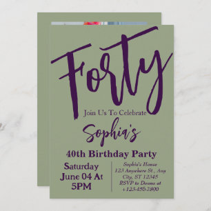 Sage Green Forty Modern 40th Birthday Party Photo  Invitation