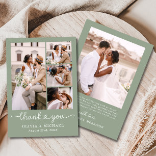Sage Green Four Photo Collage Script Wedding Thank You Card