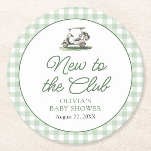 Sage Green Frame Golf New to the Club Baby Shower Round Paper Coaster