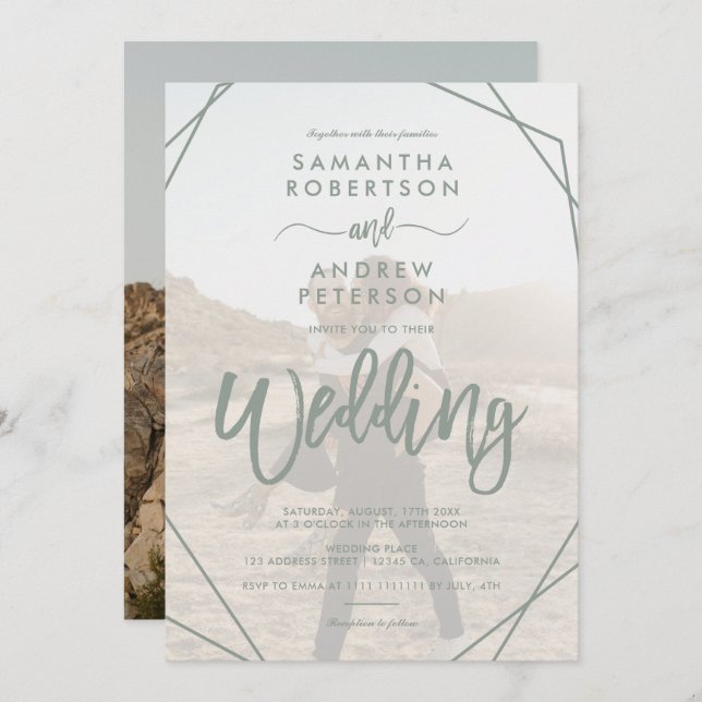 Sage green frame simple photo script wedding invitation (Front/Back)