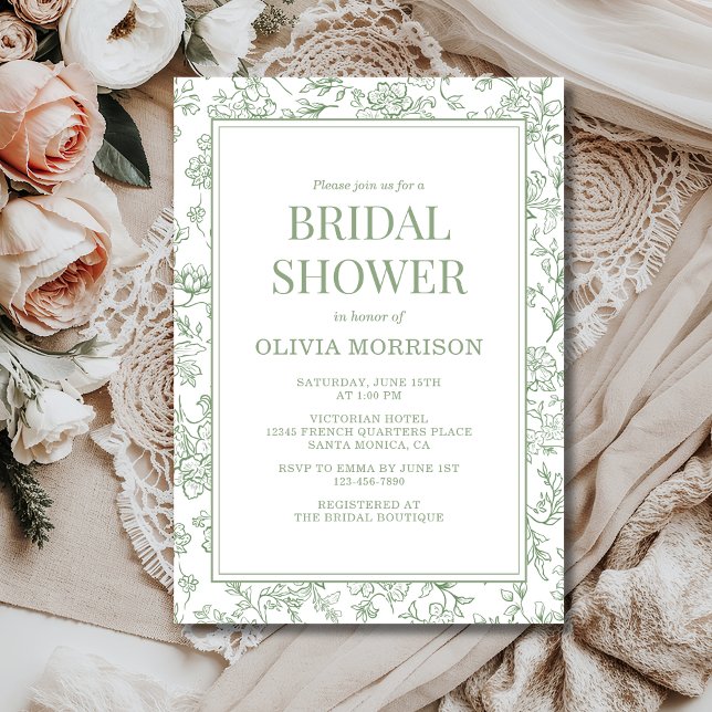 Sage Green French Chinoiserie Floral Bridal Shower Invitation (Creator Uploaded)