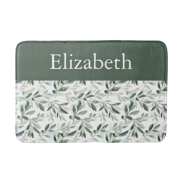Sage Green French Country Olive Custom Name Bath Mat (Front)
