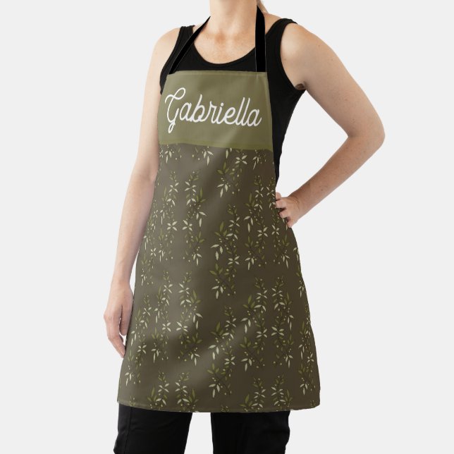 Sage Green French Country Olive Pattern Name Apron (Insitu)