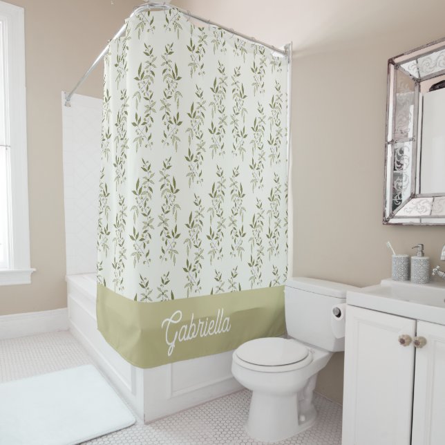 Sage Green French Country Olive Pattern Name Shower Curtain (In Situ)