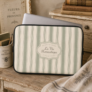 Sage Green French Country Stripes Vintage Rustic Laptop Sleeve