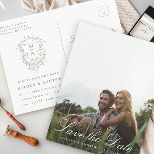 Sage Green French Floral Crest Photo Save the Date Postcard