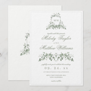 Sage Green French Floral Crest Wedding Invitation