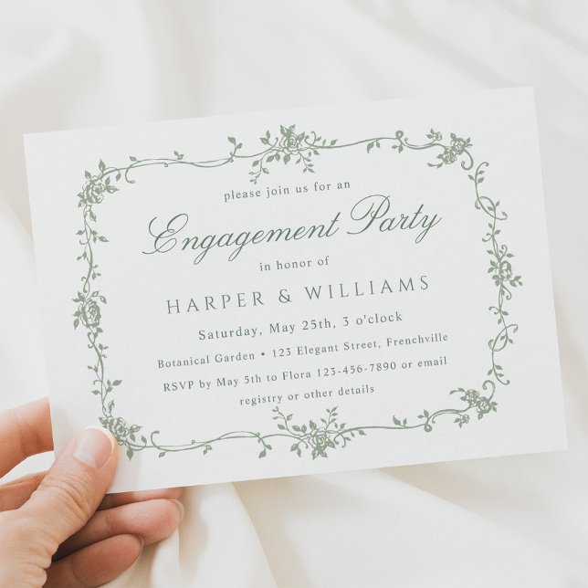 Sage Green French Floral Engagement Party Invitation (Creator Uploaded)