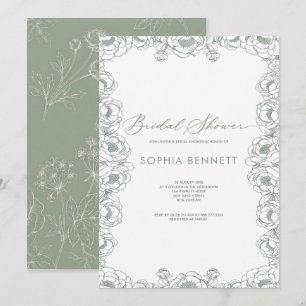 sage green French floral garden bridal shower Invitation