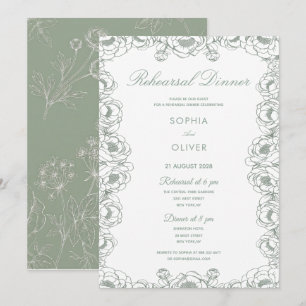 sage green french floral garden rehearsal dinner  invitation
