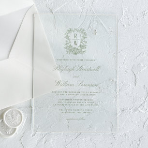 Sage Green French Floral Monogram Crest Wedding Acrylic Invitations