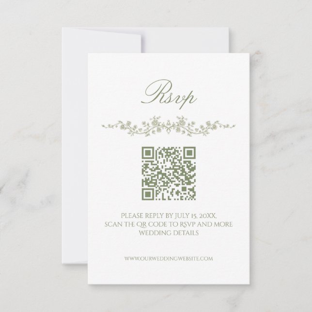 Sage Green French Floral RSVP Card with QR Code (Front)
