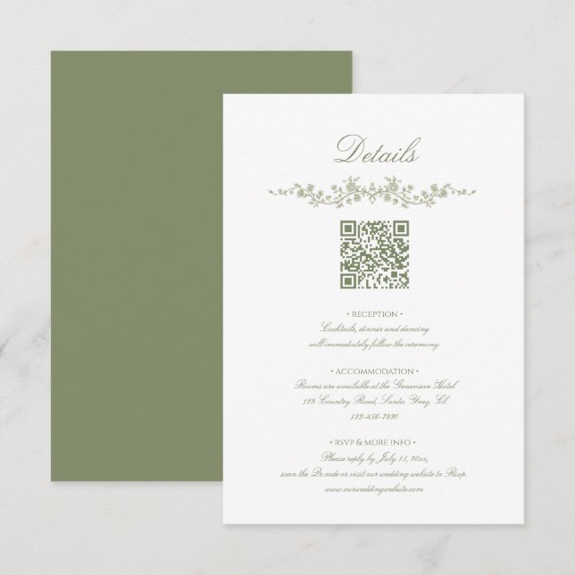  Sage Green French Floral with QR Code Wedding Enclosure Card (Front/Back)