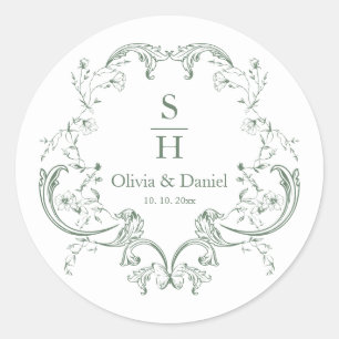 Sage Green French Roses Monogram Crest Wedding Classic Round Sticker