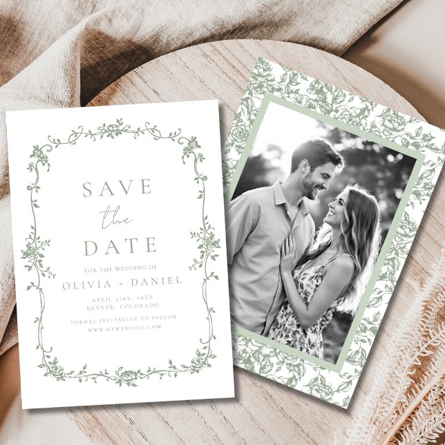 Sage Green French Victorian Floral Photo Wedding  Save The Date (Creator Uploaded)