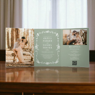 Sage Green French Victorian QR Code Photo Wedding Tri-Fold Invitation