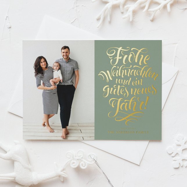 Sage Green Frohe Weihnachten Calligraphy Photo Foil Holiday Card (Creator Uploaded)