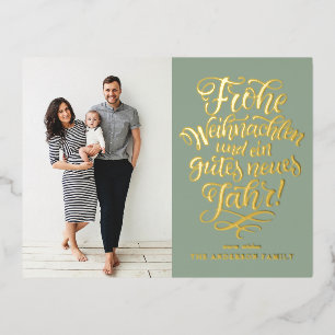 Sage Green Frohe Weihnachten Calligraphy Photo Foil Holiday Postcard