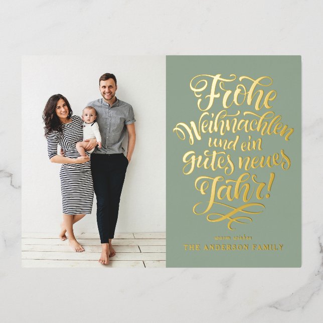 Sage Green Frohe Weihnachten Calligraphy Photo Foil Holiday Postcard (Front)