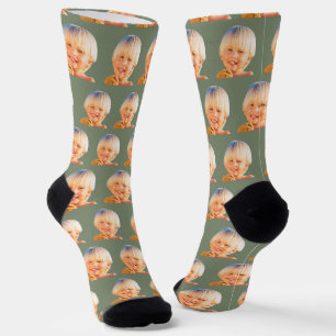 Sage Green Funny Custom Son Face Photo Crew Socks