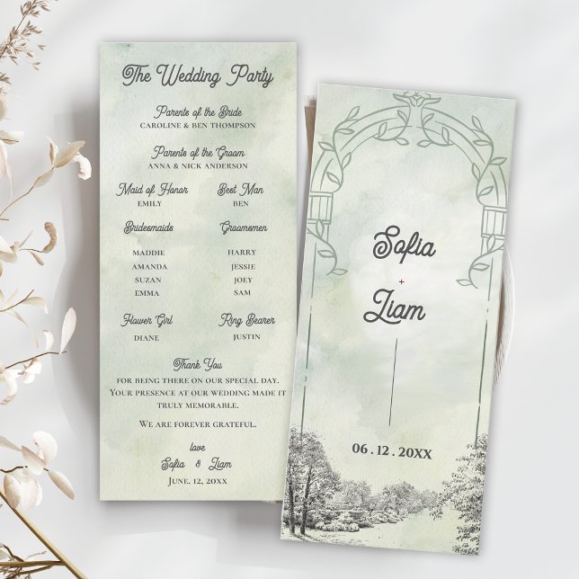Sage Green Garden Arch Wedding Ceremony Program Invitation (Sage Green Garden Arch Wedding Program | Elegant Botanical Ceremony Card)