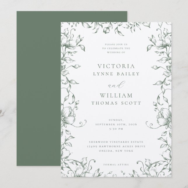 Sage Green Garden Floral Wedding Invitation (Front/Back)