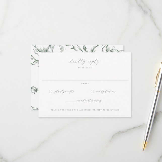 Sage Green Garden Floral Wedding RSVP Card (Front/Back In Situ)