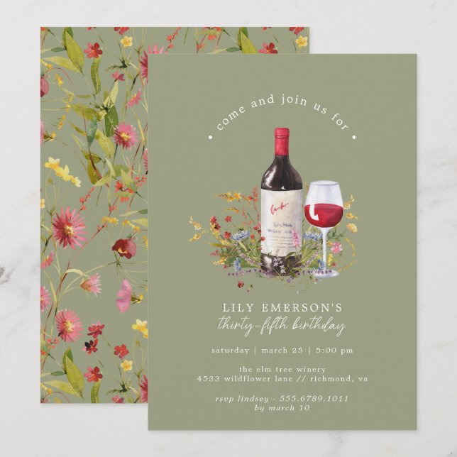 Sage Green Garden | Wine Tasting Adult Birthday Invitation (Front/Back)
