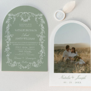 Sage Green Garden Woodland Monogram Arched Wedding Invitation