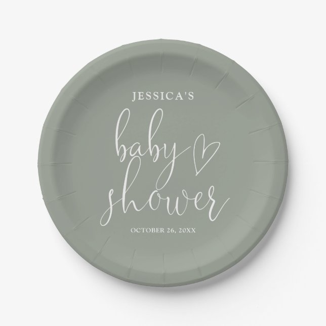 Sage Green Gender Neutral Baby Shower Paper Plate (Front)