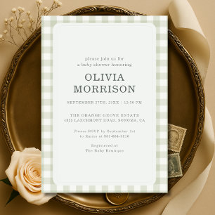Sage Green Gender Neutral Gingham Baby Shower Invitation