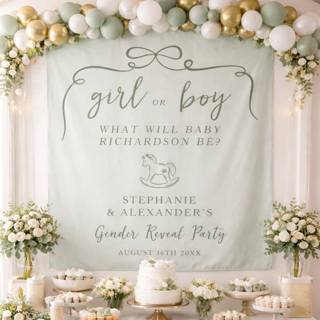 Sage Green Gender Reveal Fabric Welcome Sign Tapestry (Creator Uploaded)