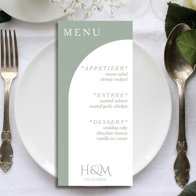 Sage Green Geometric Arch Dinner Wedding Reception Menu (sage green and white wedding menu)